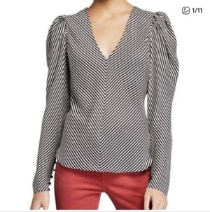 Maison d'Amelie Black and White Striped Women's Top Puffy Sleeves